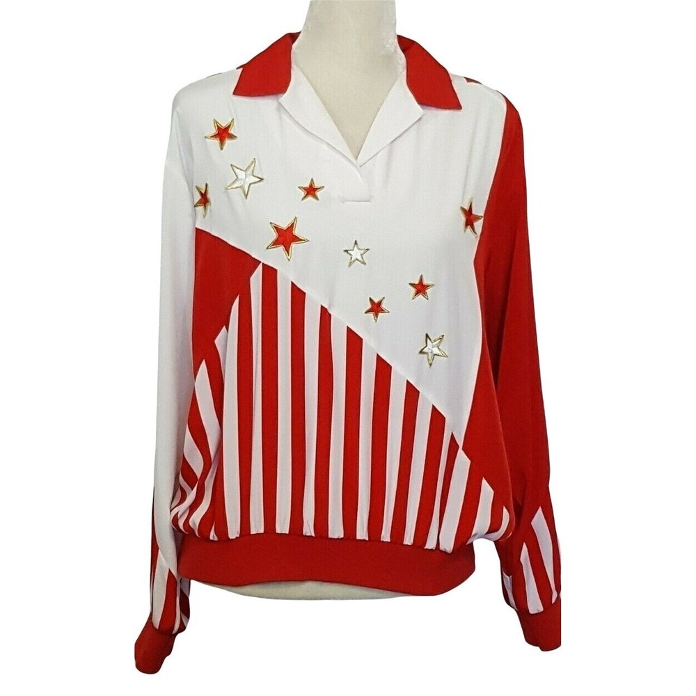 Vintage Regal Womens Top L Red White Stripe Appliqued Stars Long Sleeve